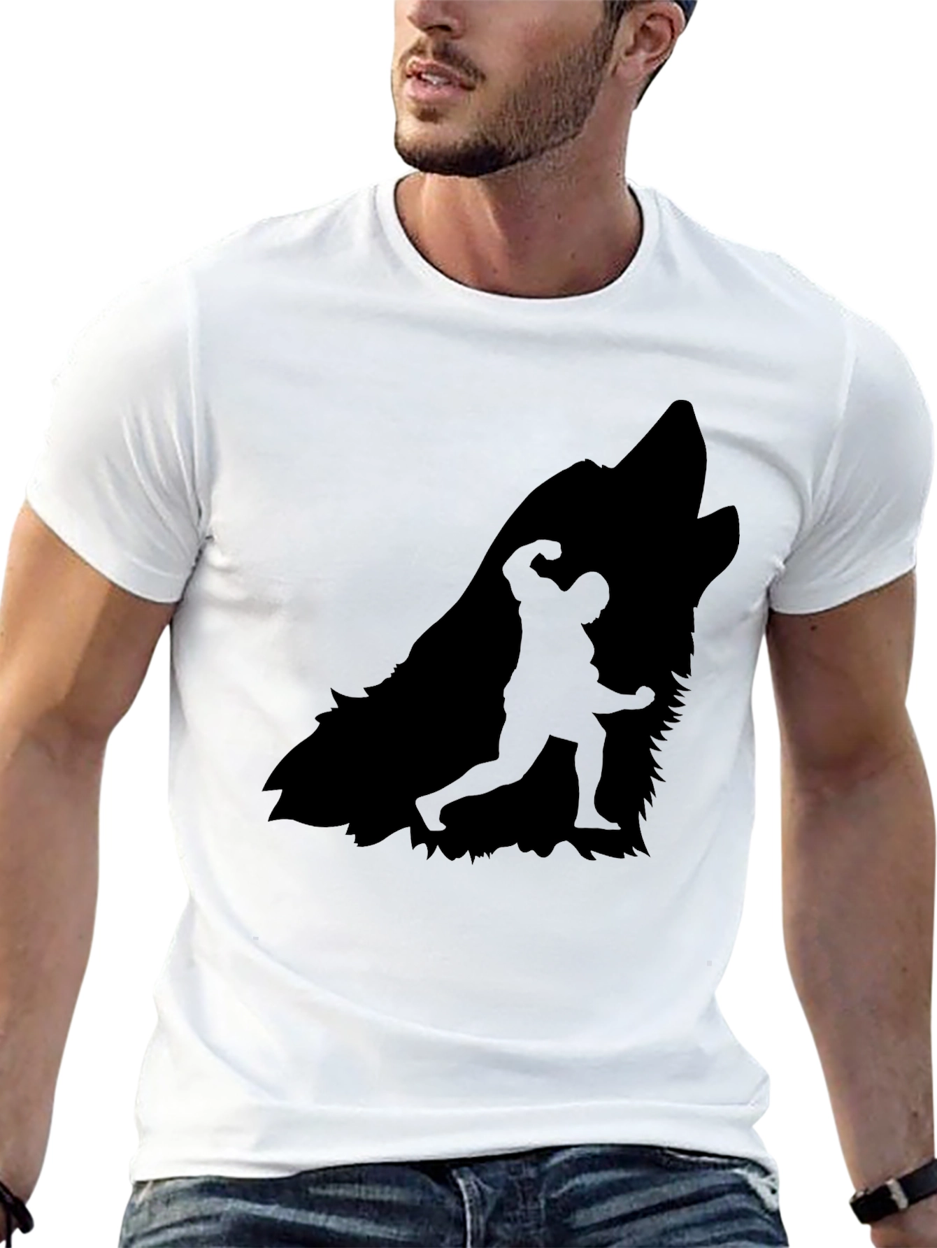 Wolf Howling Bodybuilder Silhouette Graphic Tee - Black