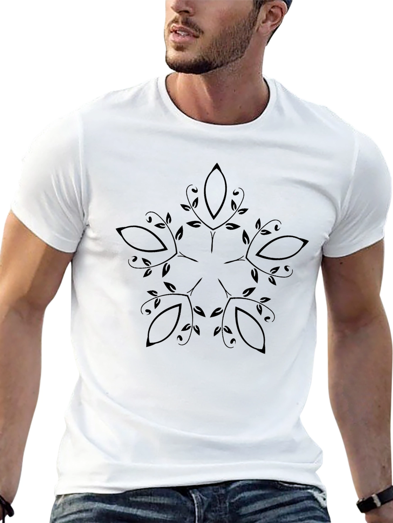Mens Black Tee with Botanical Mandala Graphic