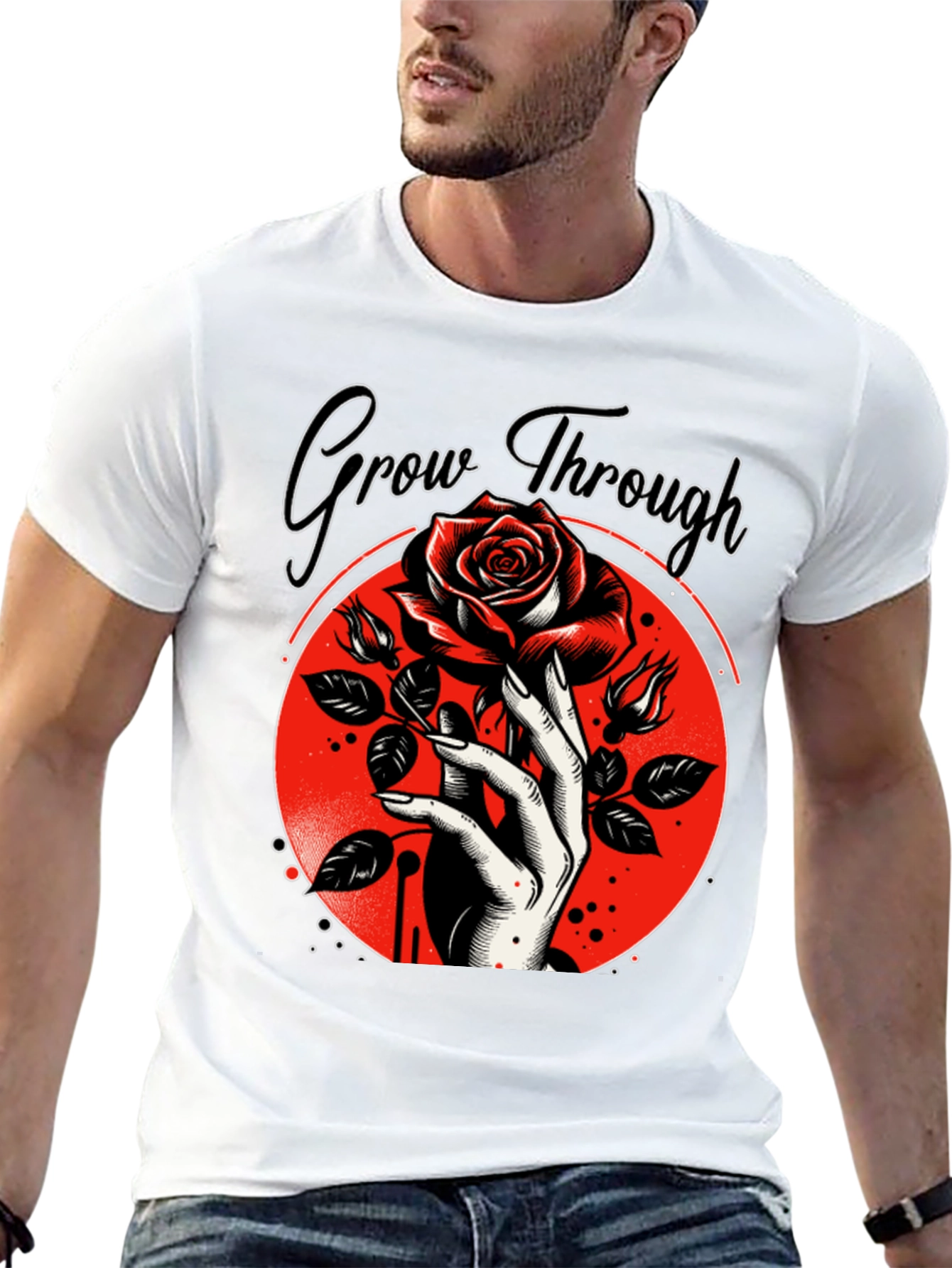 Grow Through T-Shirt - Rose and Hand Graphic Tee