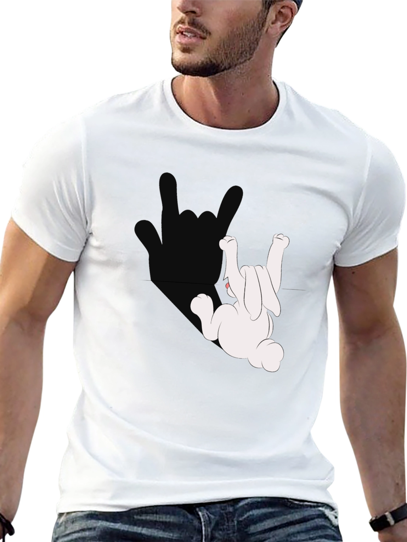 Funny Bunny Rock On Graphic Print Black T-Shirt
