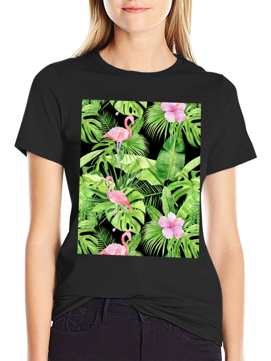 Tropical Flamingo Print Black T-Shirt