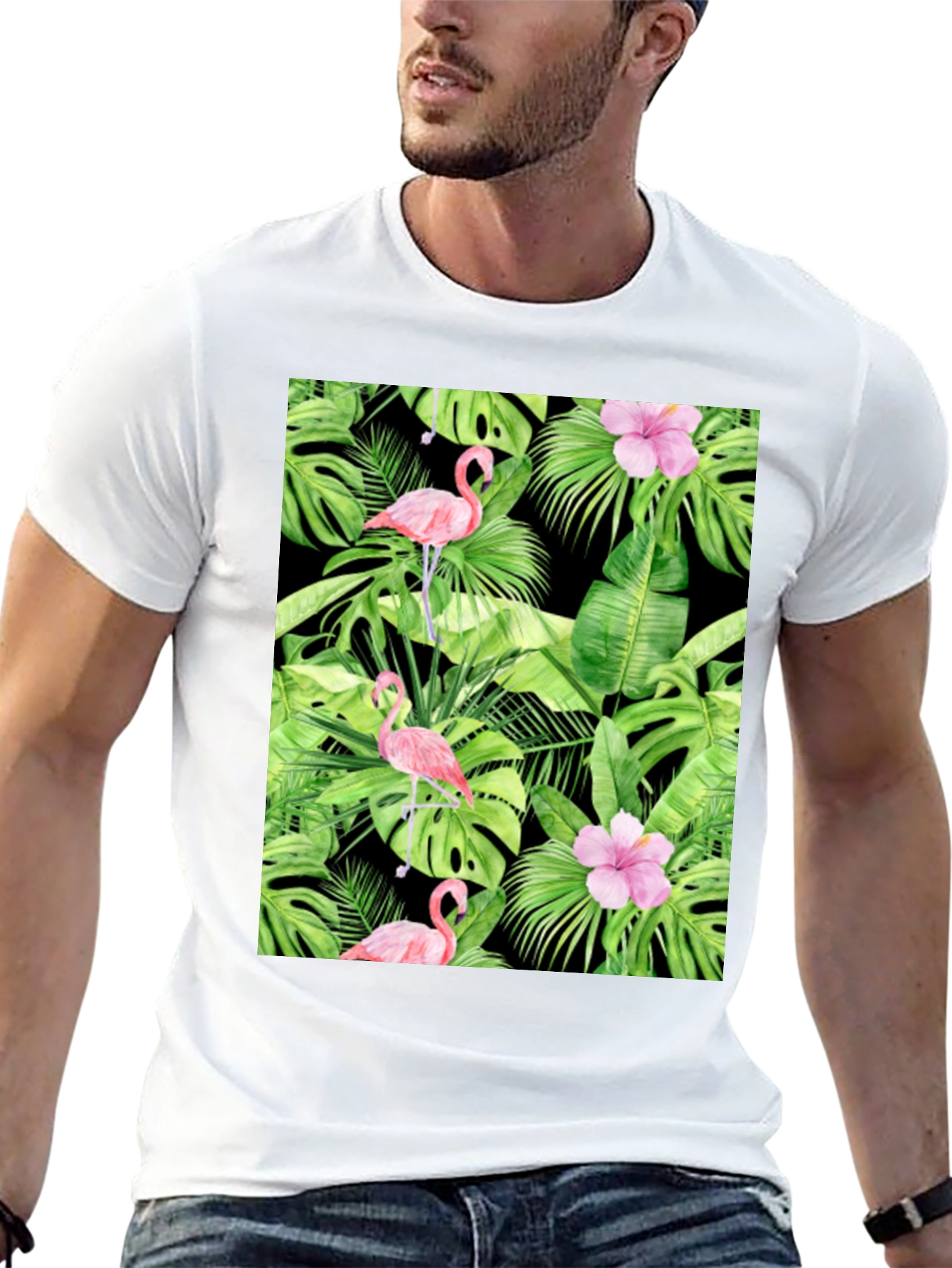 Tropical Flamingo Print Black T-Shirt