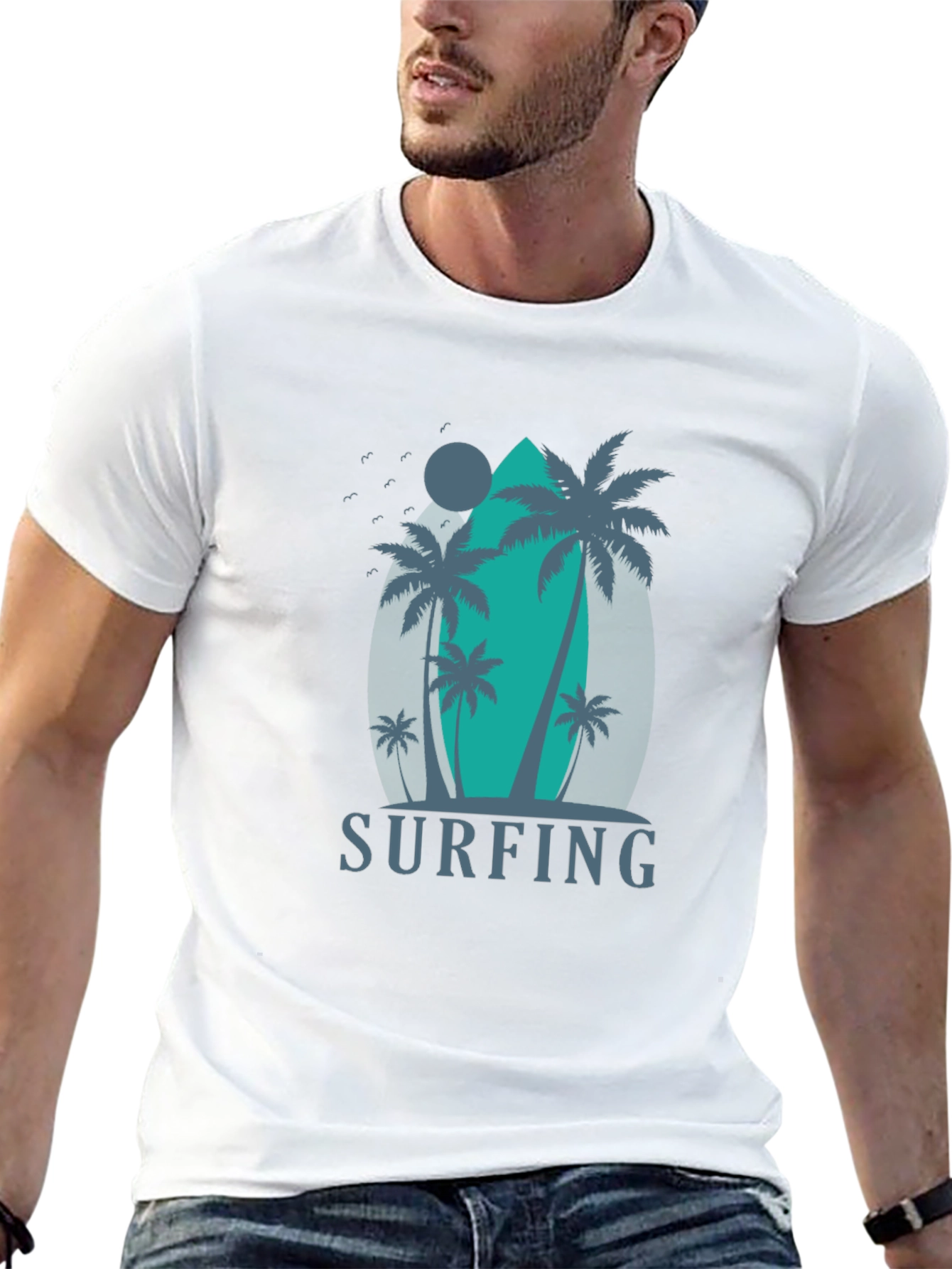Surfing Palm Tree Graphic T-Shirt - Black