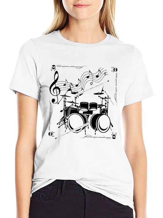 Drum Set Music Notes Graphic Black T-Shirt