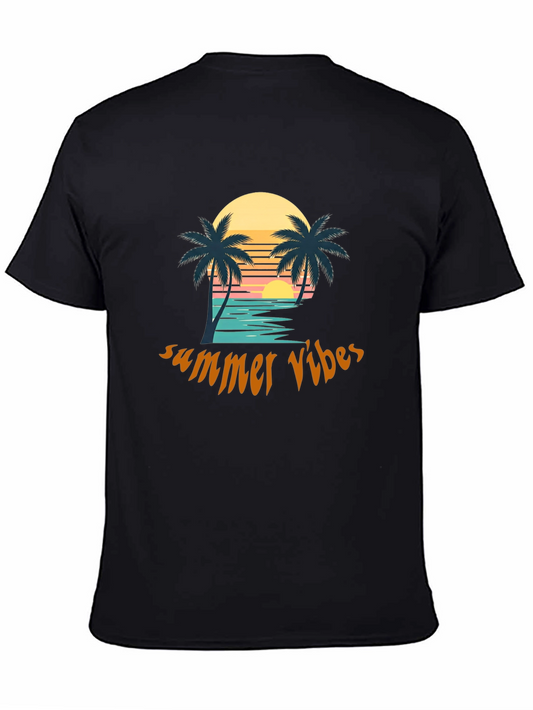Summer Vibes Graphic Tee - Tropical Palm Tree Sunset Design