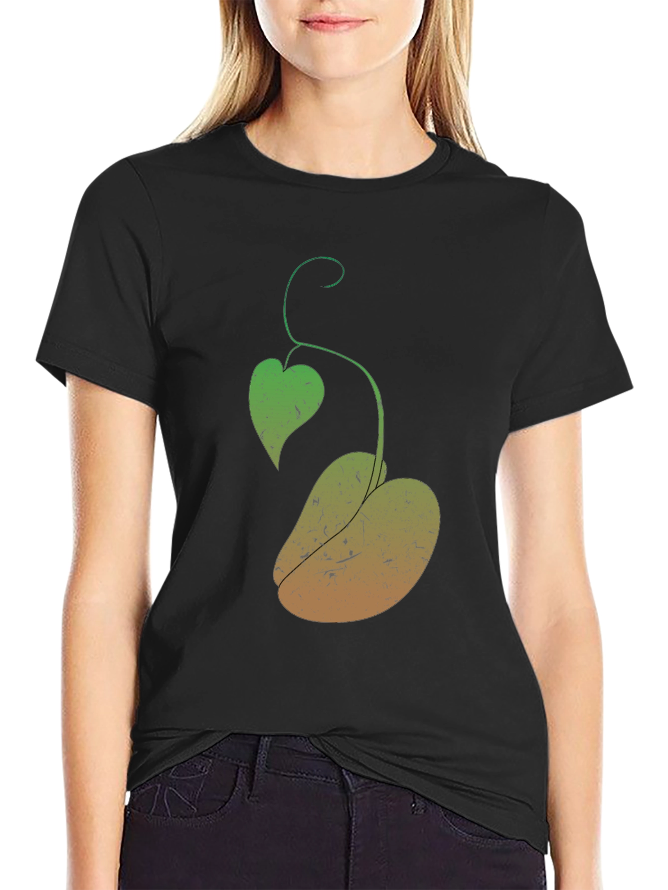 Novelty Black T-Shirt with Plant Design