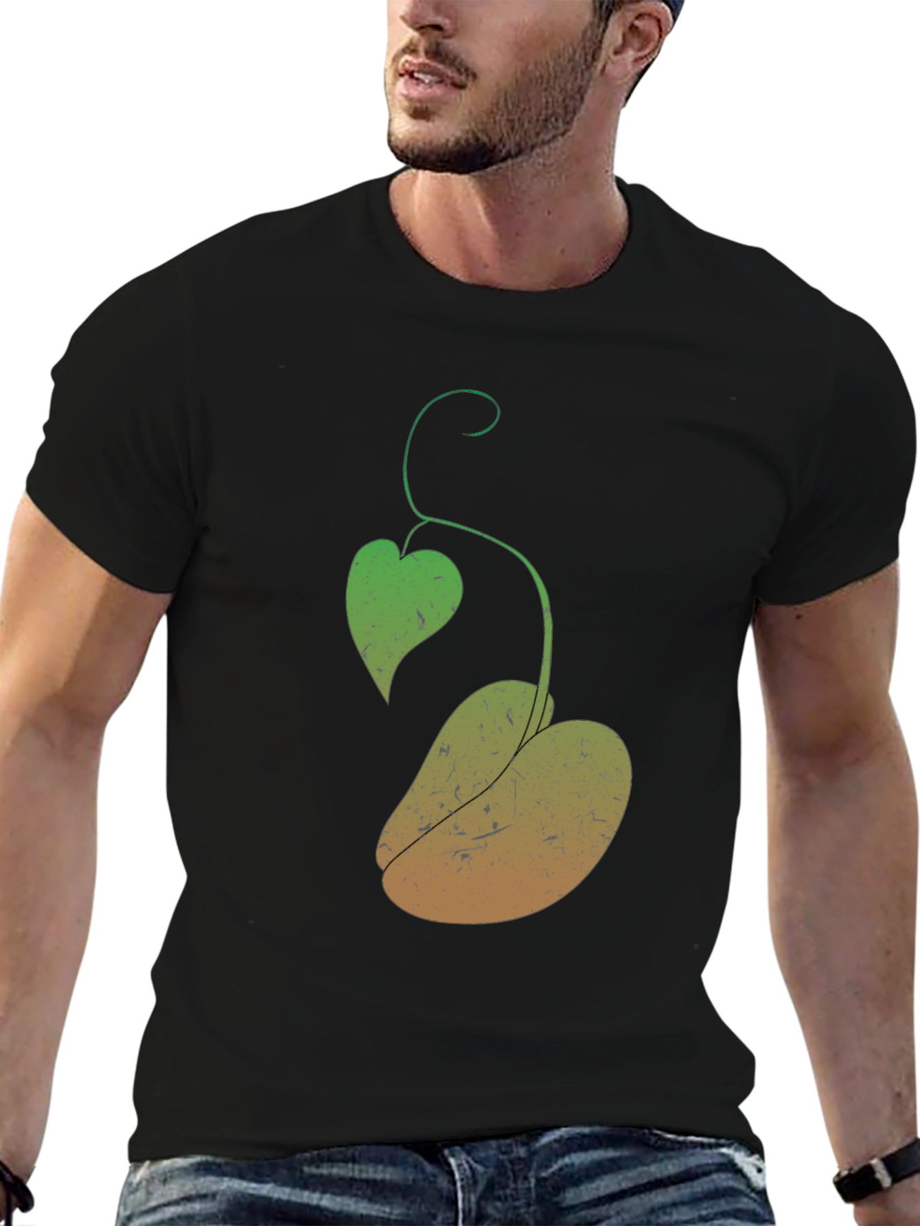 Novelty Black T-Shirt with Plant Design