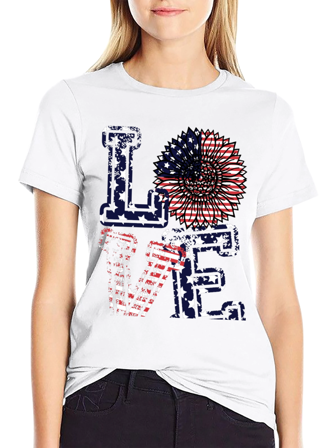 Patriotic Love T-Shirt - American Flag Sunflower Design