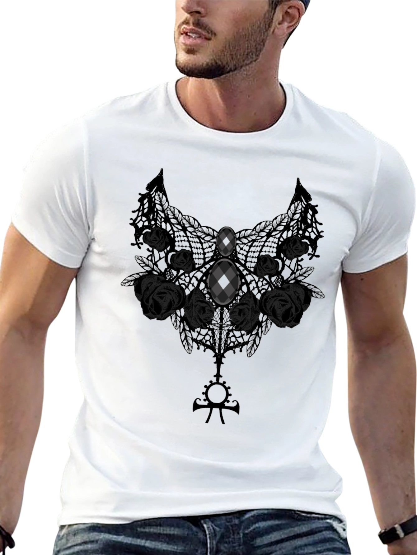 Gothic Lace Rose Graphic Tee - Dark Elegance