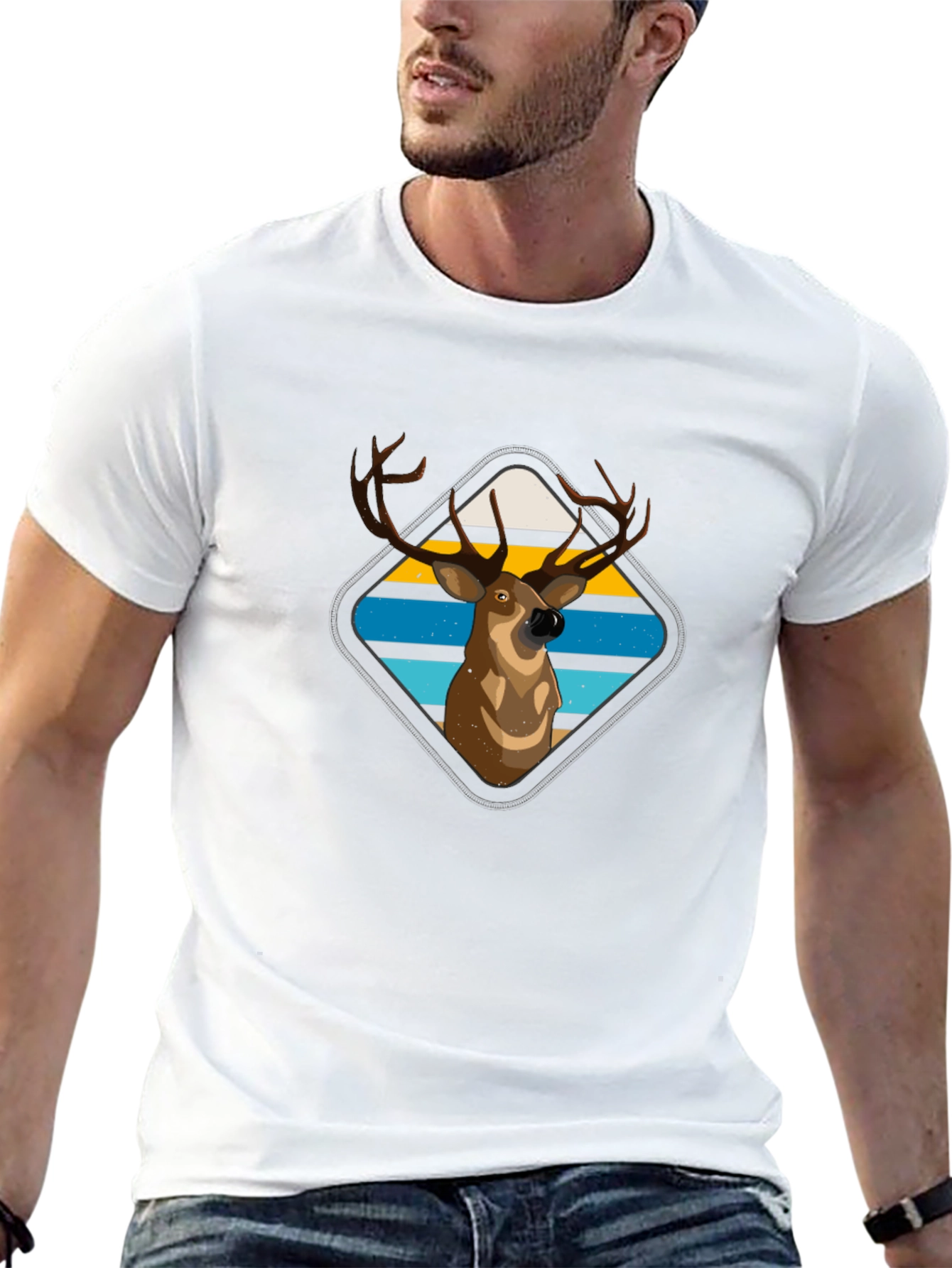 Deer Graphic Tee - Retro Striped Diamond Design