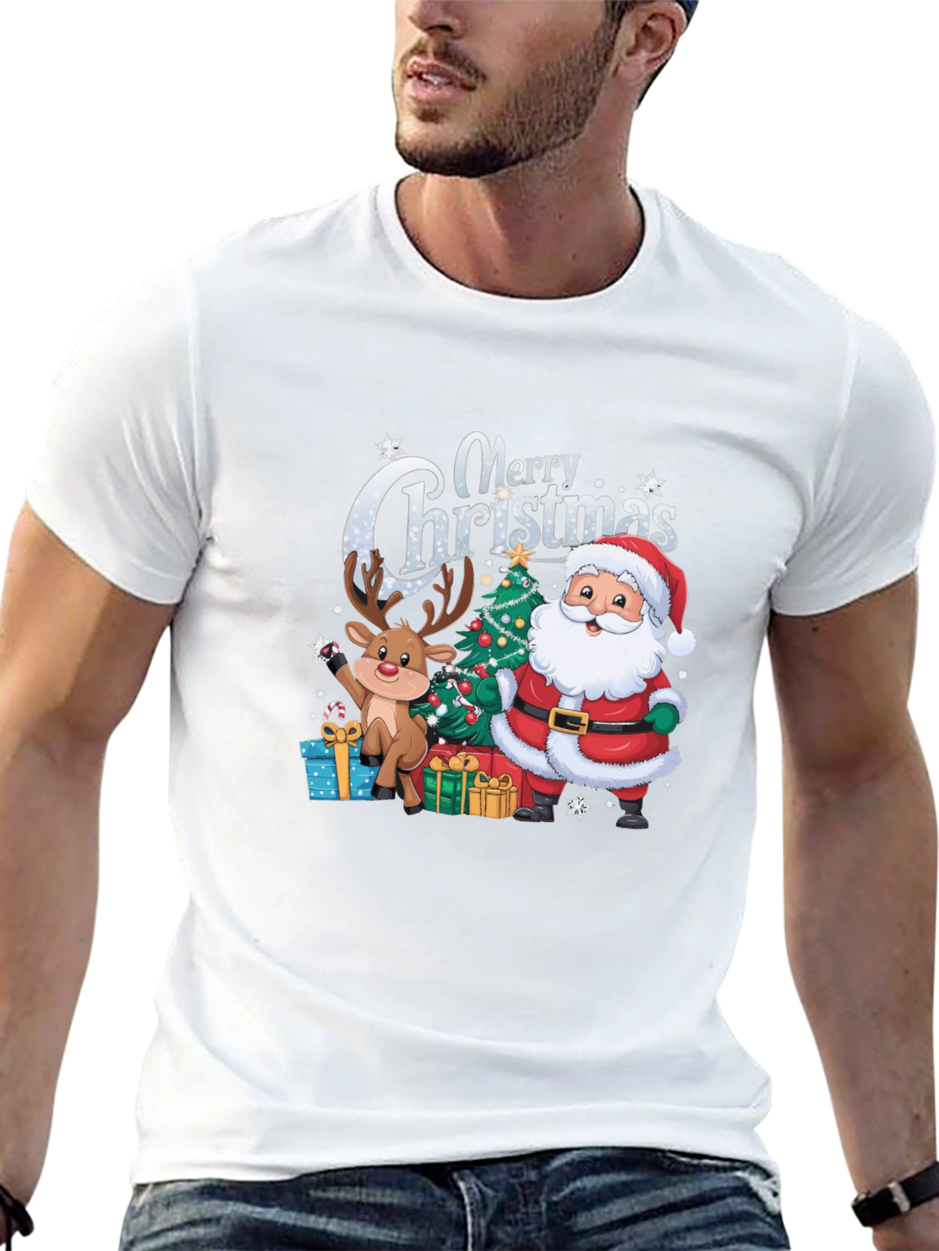 Merry Christmas T-Shirt with Santa and Reindeer