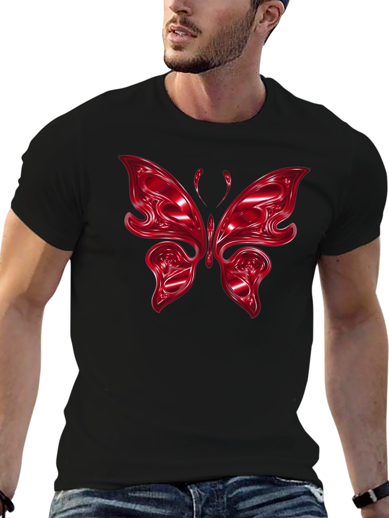 Red Butterfly Graphic Black T-Shirt