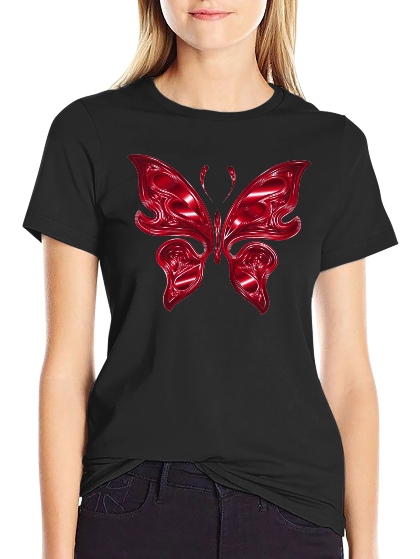 Red Butterfly Graphic Black T-Shirt