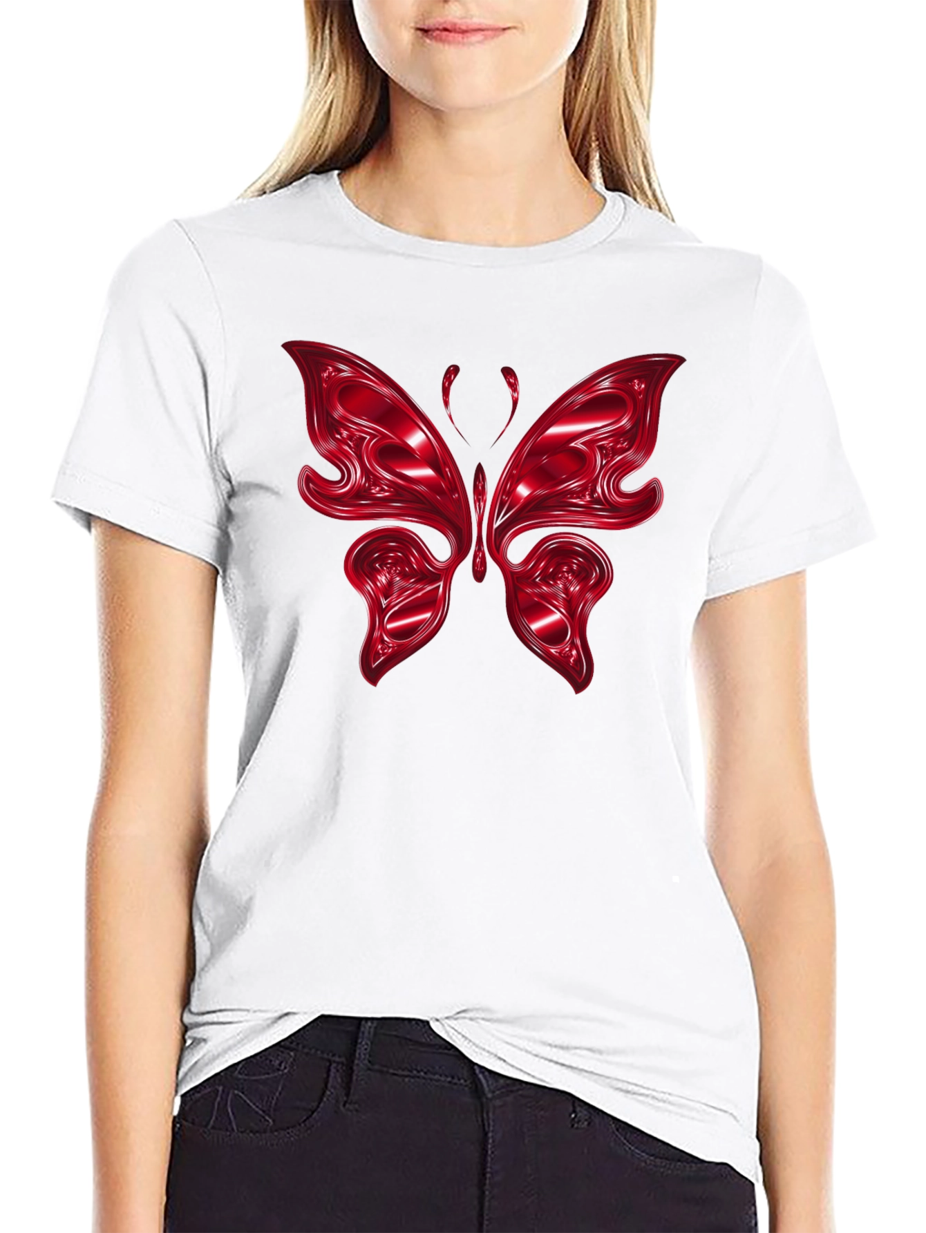 Red Butterfly Graphic Black T-Shirt