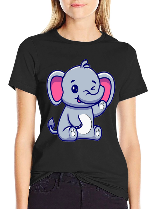 Cute Cartoon Elephant Graphic Tee - Black Cotton Shirt