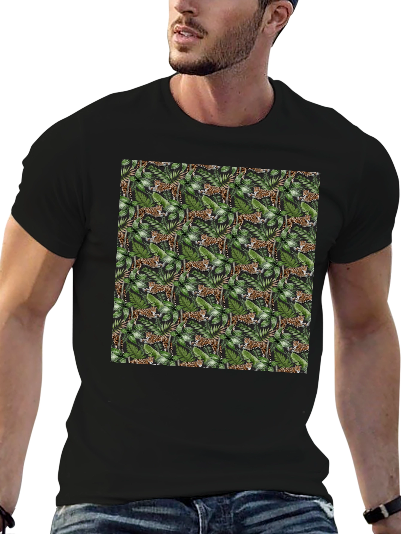 Jungle Cat Print Tee - Black Cotton Comfort
