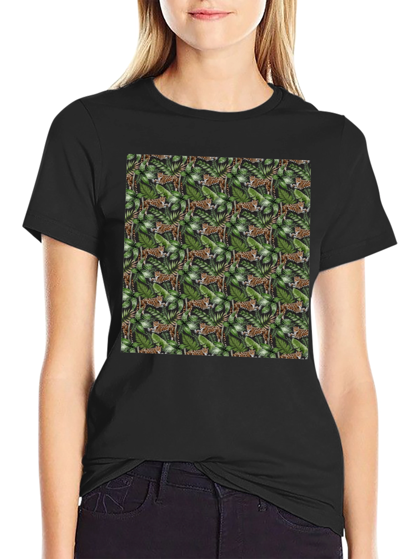 Jungle Cat Print Tee - Black Cotton Comfort