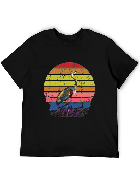 Retro Heron Sunset Graphic Tee - Black Cotton Blend