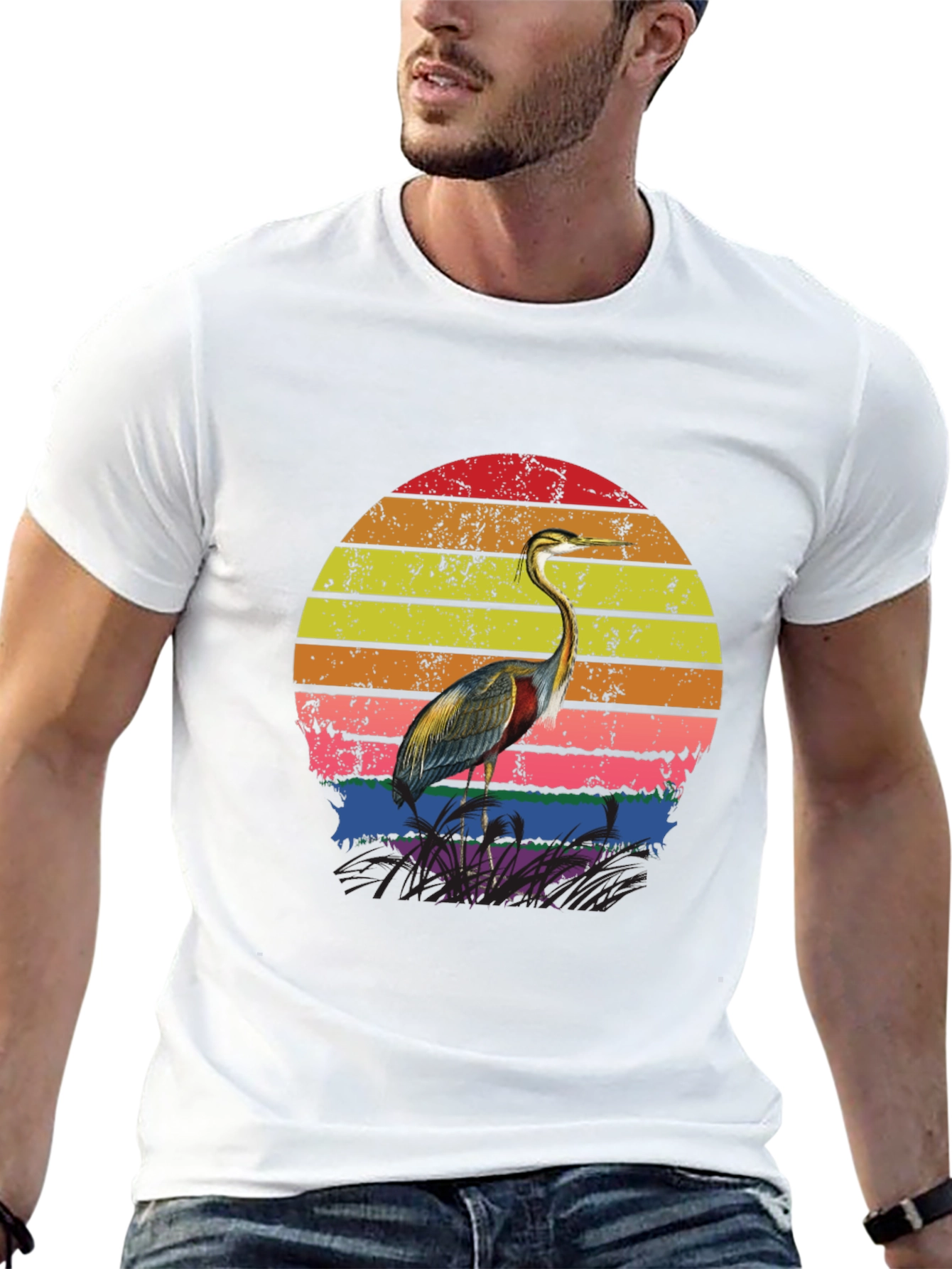 Retro Heron Sunset Graphic Tee - Black Cotton Blend