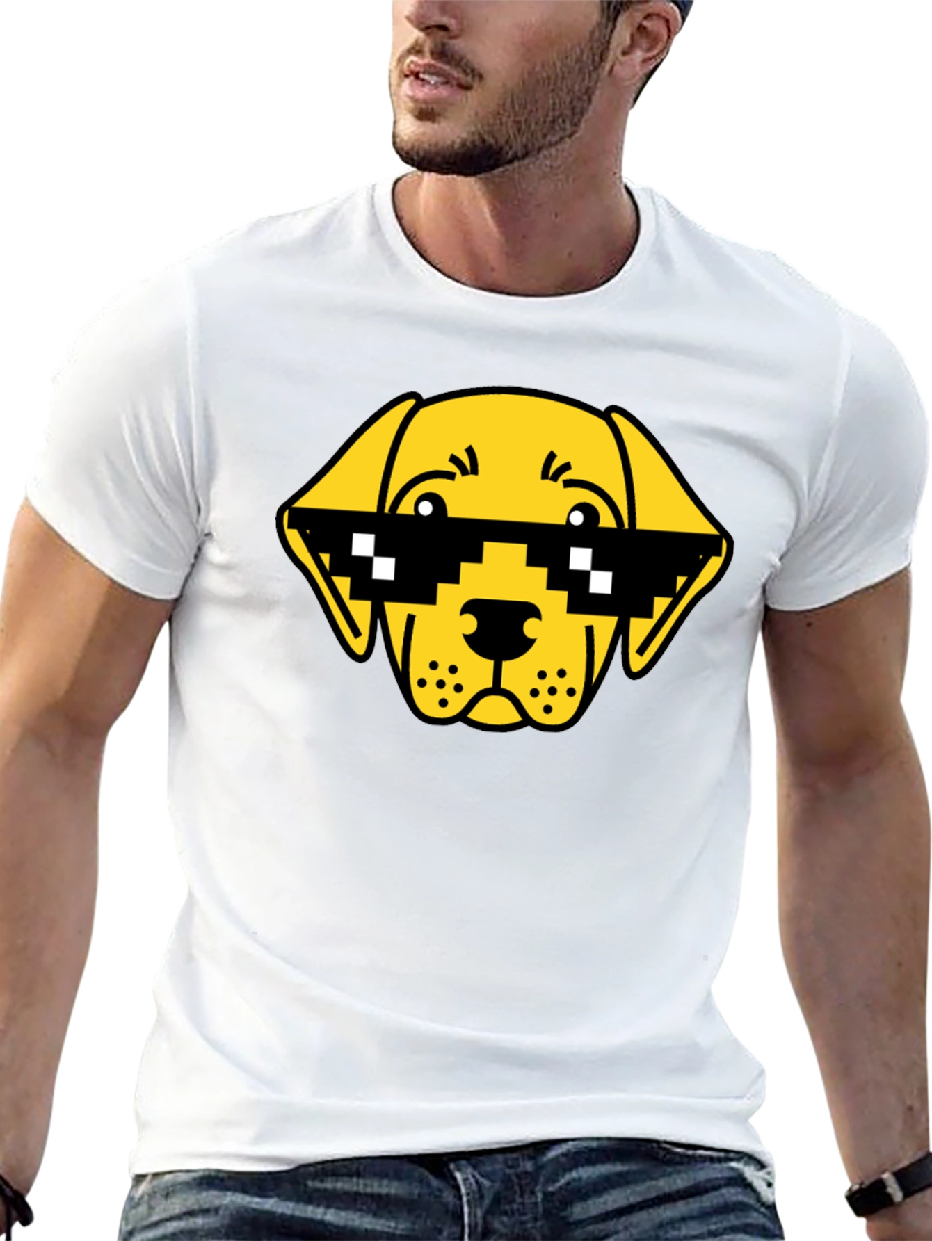 Funny Dog Pixel Sunglasses Black T-Shirt