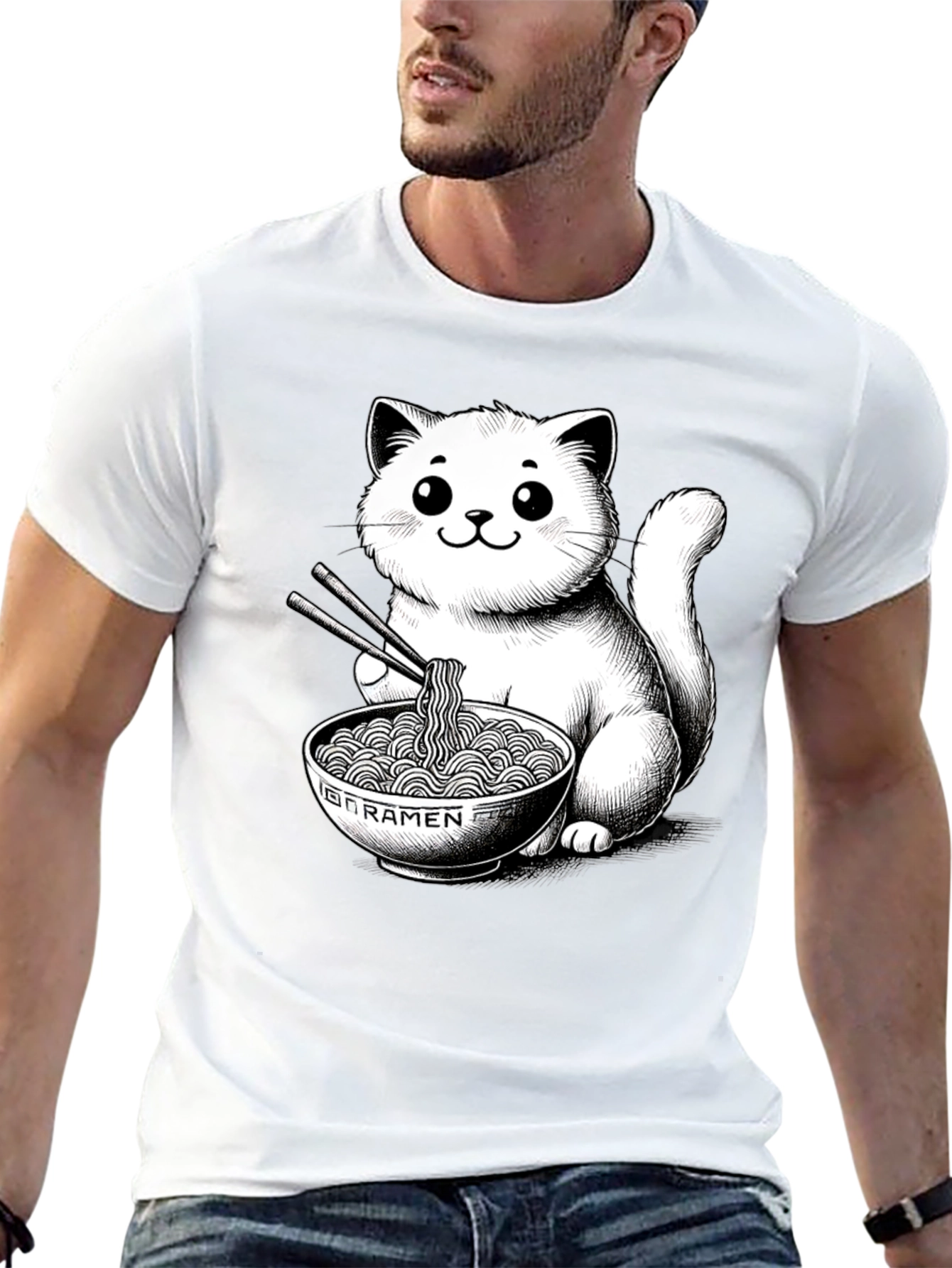 Cat Ramen T-Shirt - Kawaii Kitten Noodles Graphic Tee