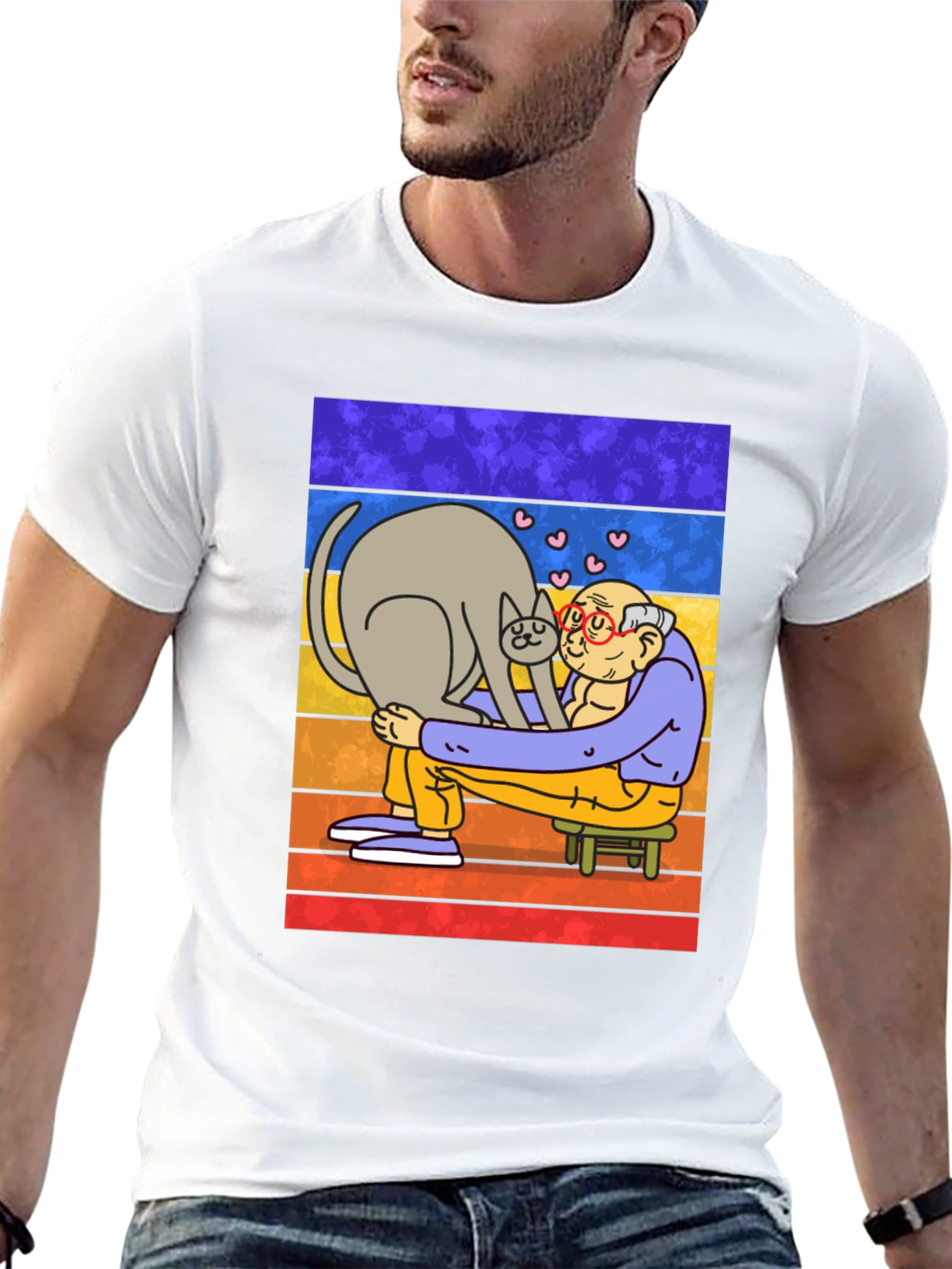 Cat Lover T-Shirt - Cartoon Grandpa Hugging Cat