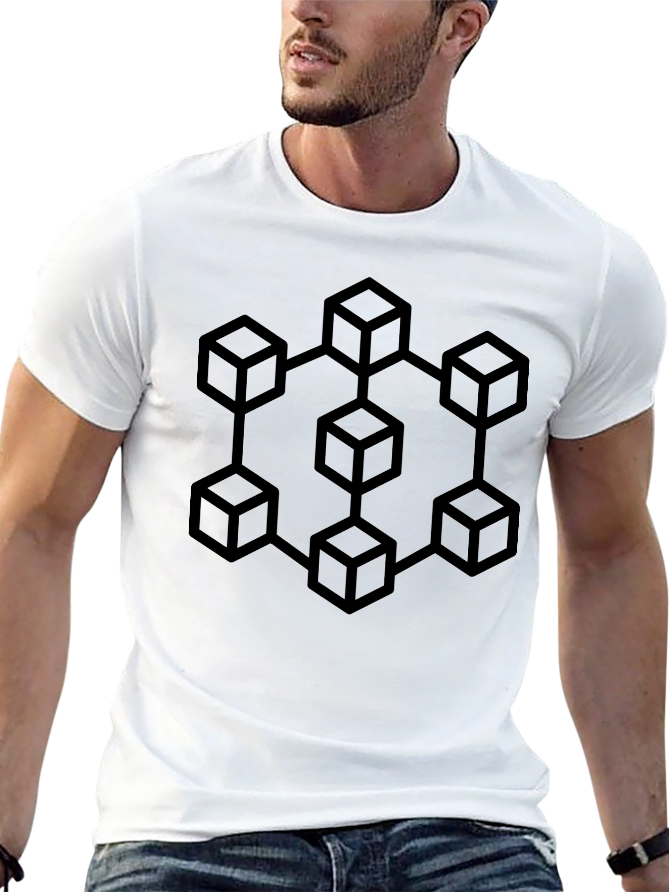 Geometric Cube Link Graphic Tee - Modern Black T-Shirt