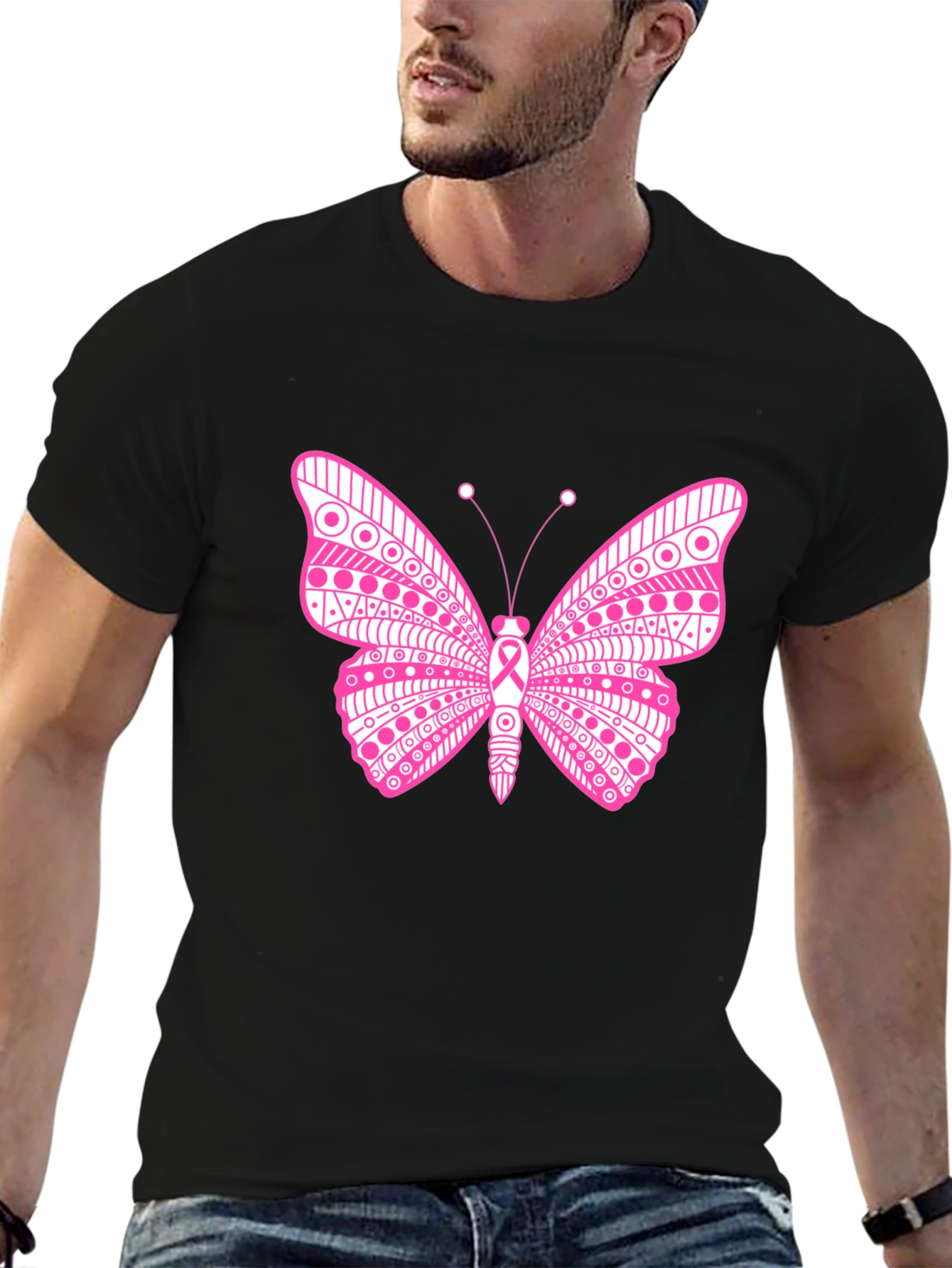 Pink Butterfly Graphic T-Shirt Breast Cancer Awareness