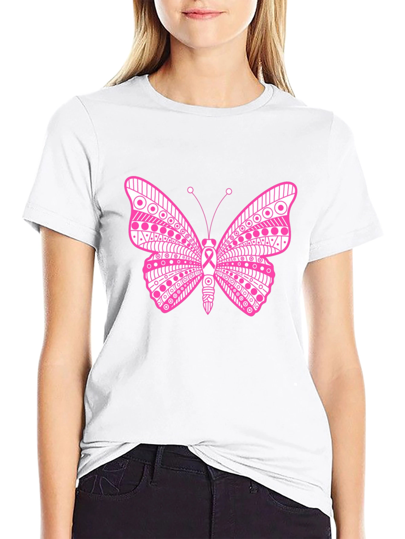 Pink Butterfly Graphic T-Shirt Breast Cancer Awareness