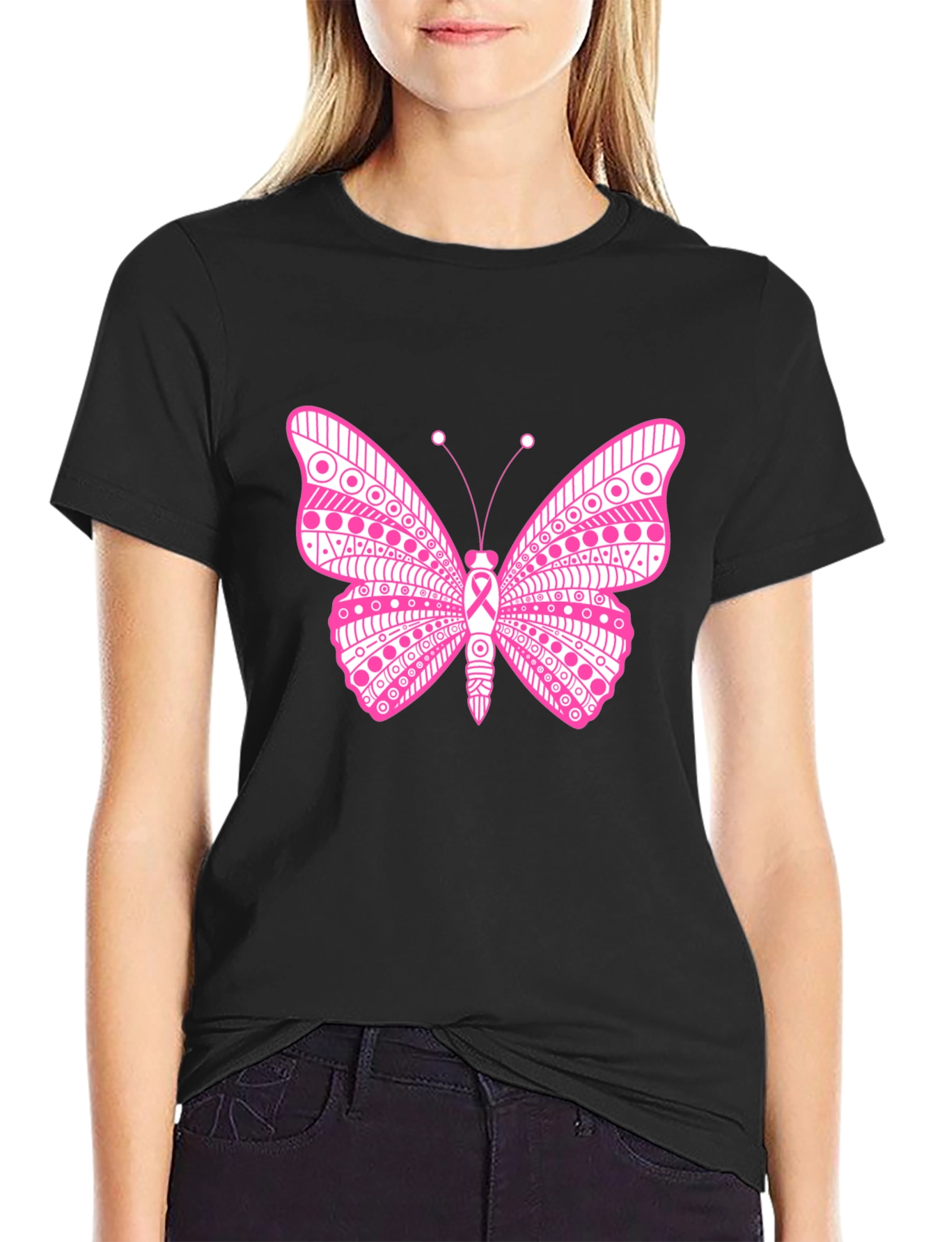 Pink Butterfly Graphic T-Shirt Breast Cancer Awareness