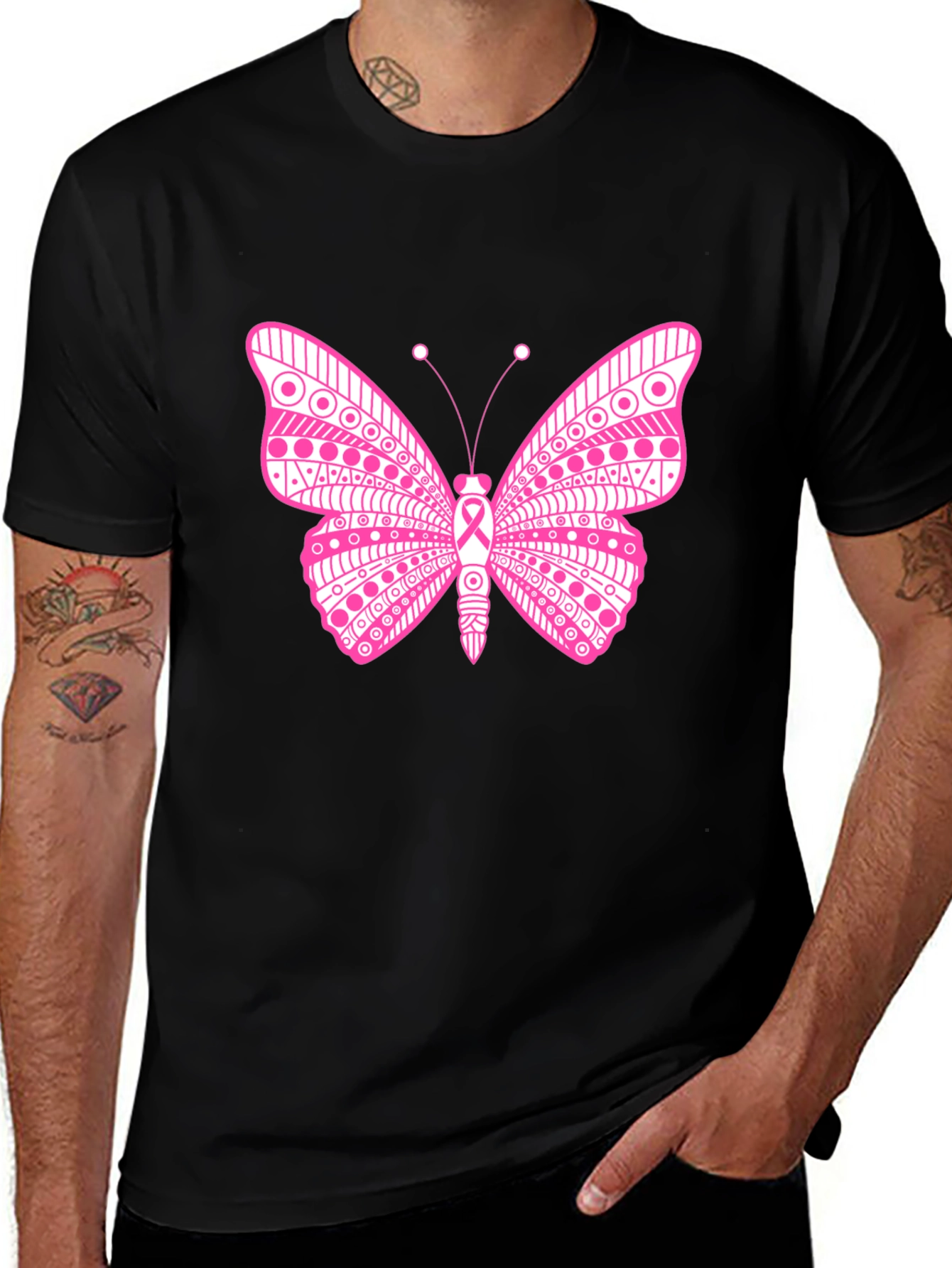 Pink Butterfly Graphic T-Shirt Breast Cancer Awareness