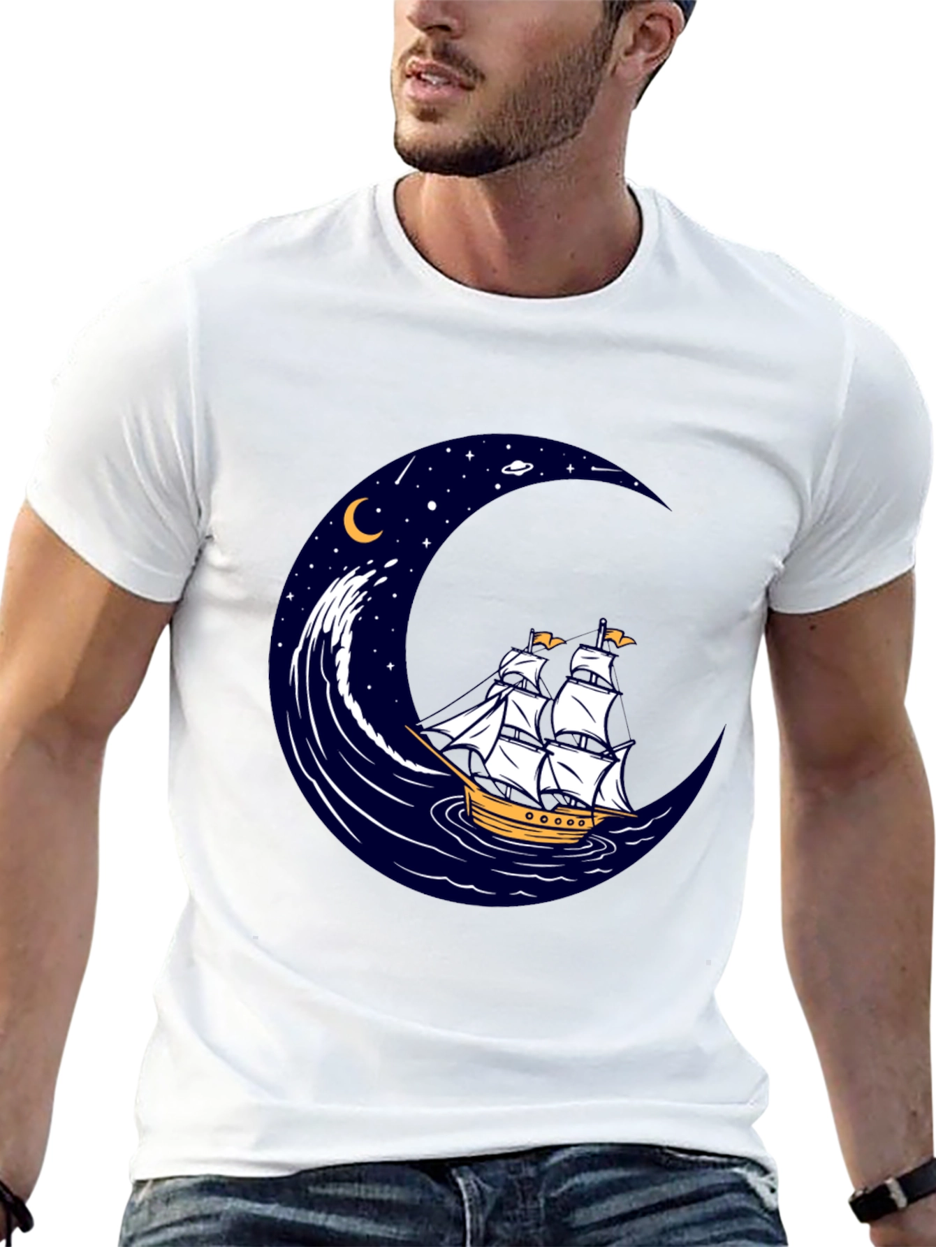 Nautical Moon Sailing Ship Graphic Tee