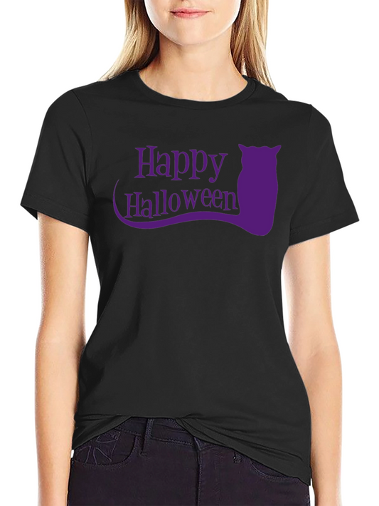 Happy Halloween Black T-Shirt with Purple Owl Graphic