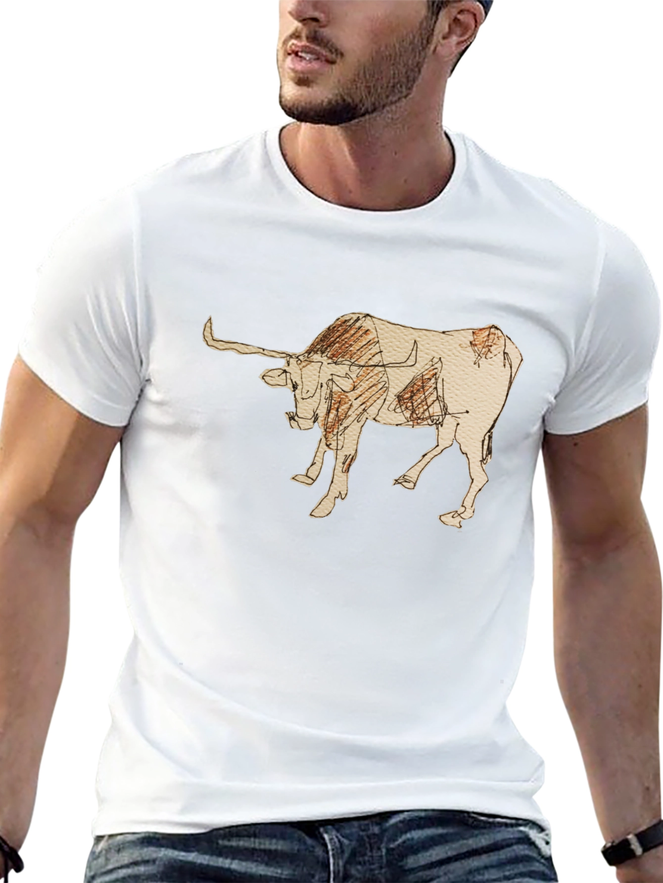 Black Graphic Tee - Bull Sketch Design