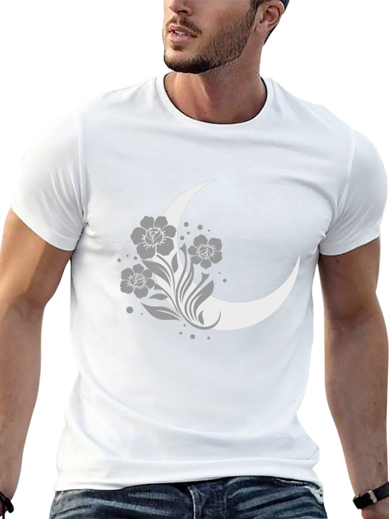 Floral Moon Graphic Tee - Casual Black T-Shirt