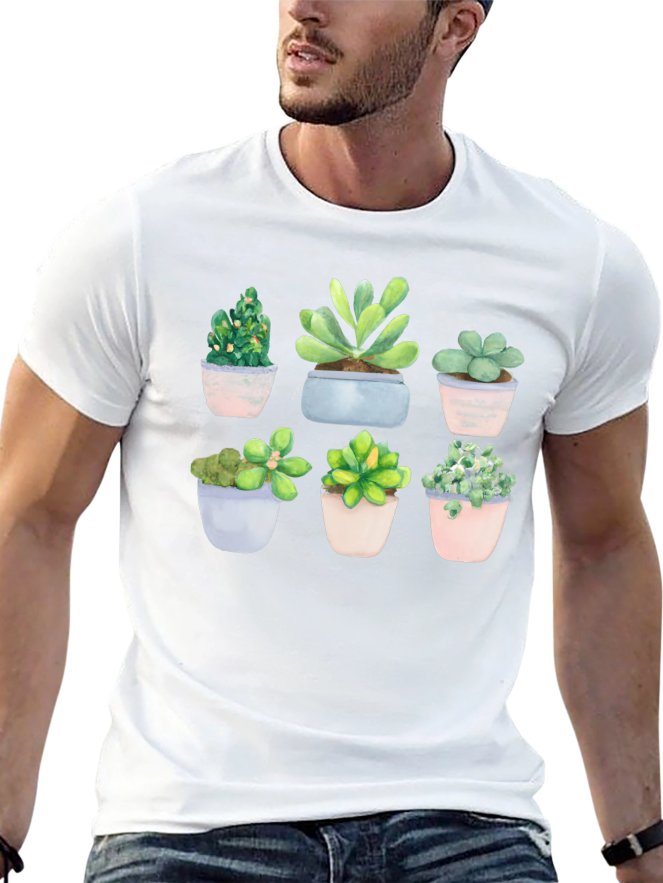 Stylish Succulent Print Black T-Shirt