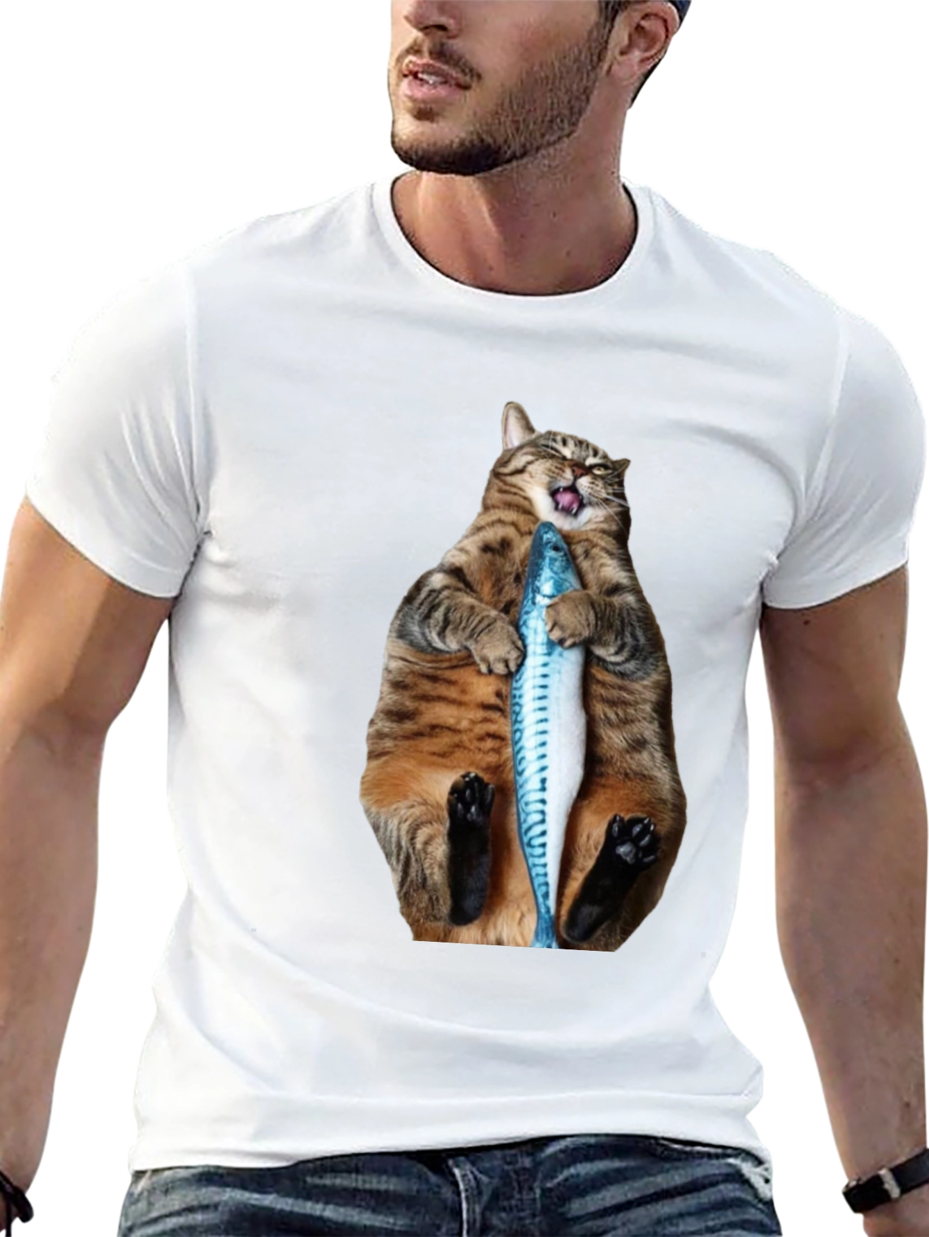 Funny Cat Holding Fish Graphic Tee