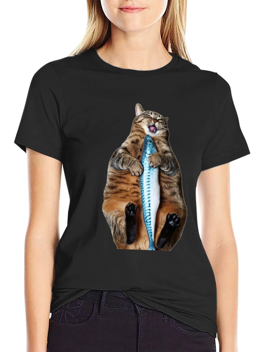 Funny Cat Holding Fish Graphic Tee