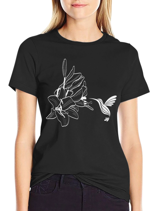 Hummingbird & Floral Graphic Tee - Stylish Black T-Shirt