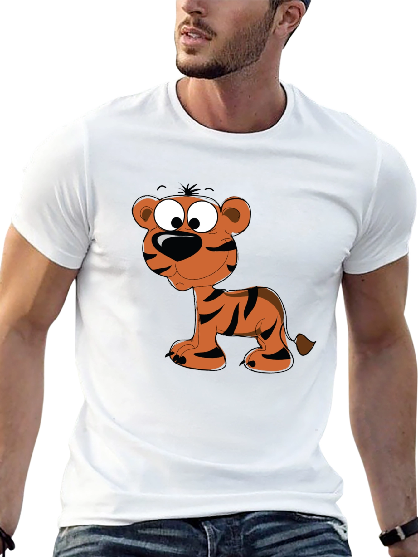 Cartoon Tiger Graphic Tee - Black Cotton T-Shirt