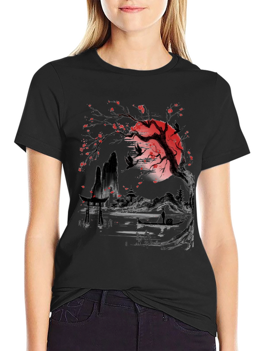 Japanese Art Graphic Tee - Red Moon Cherry Blossoms Birds