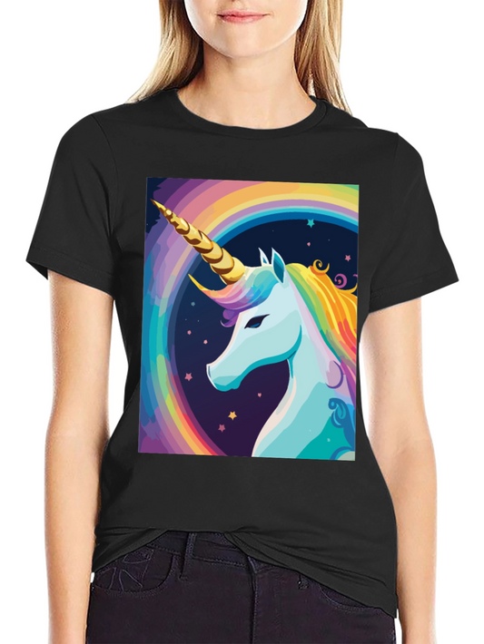 Unicorn Rainbow Graphic Tee - Black Cotton Casual Shirt