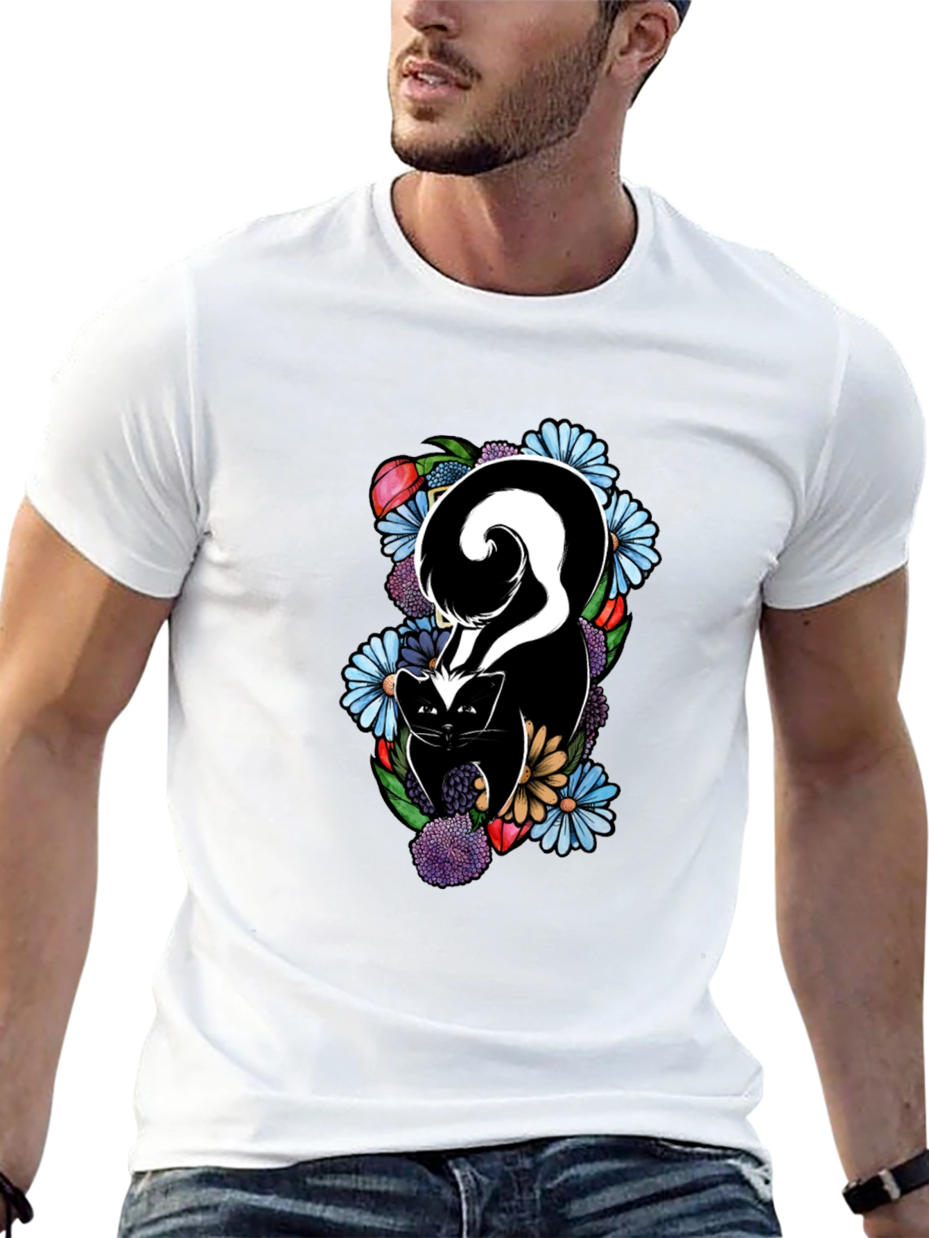 Skunk & Floral Graphic Tee - Black