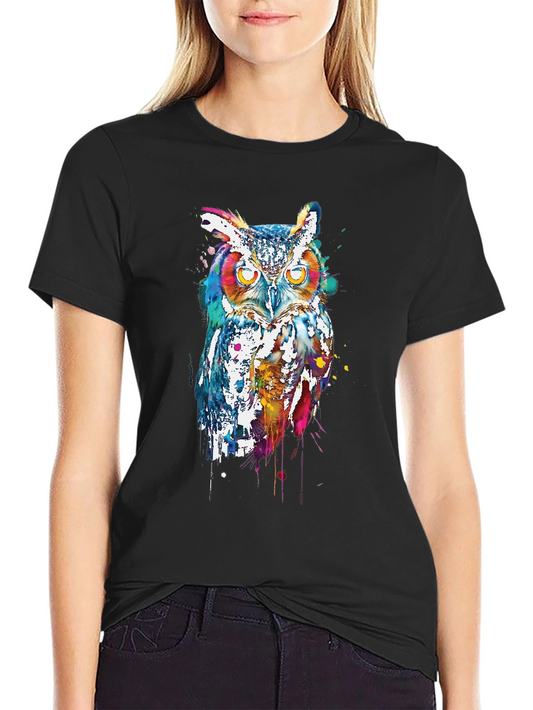 Colorful Owl Graphic Print Black T-Shirt