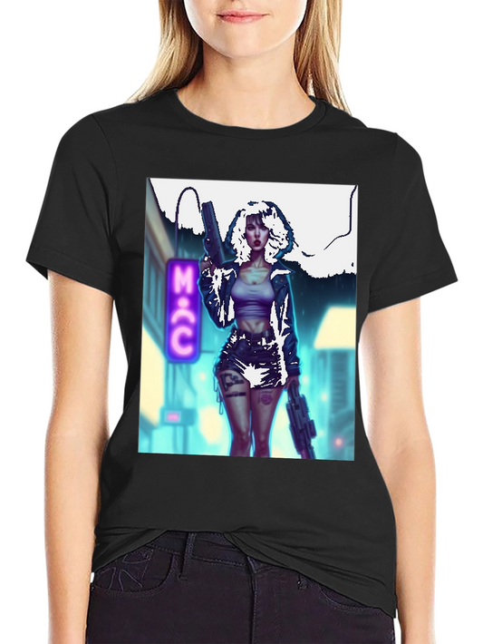 Cyberpunk Girl Graphic T-Shirt - Black