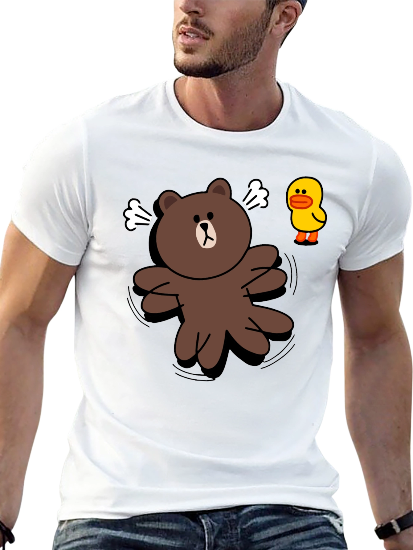 Cartoon Bear & Duck Graphic Black T-Shirt