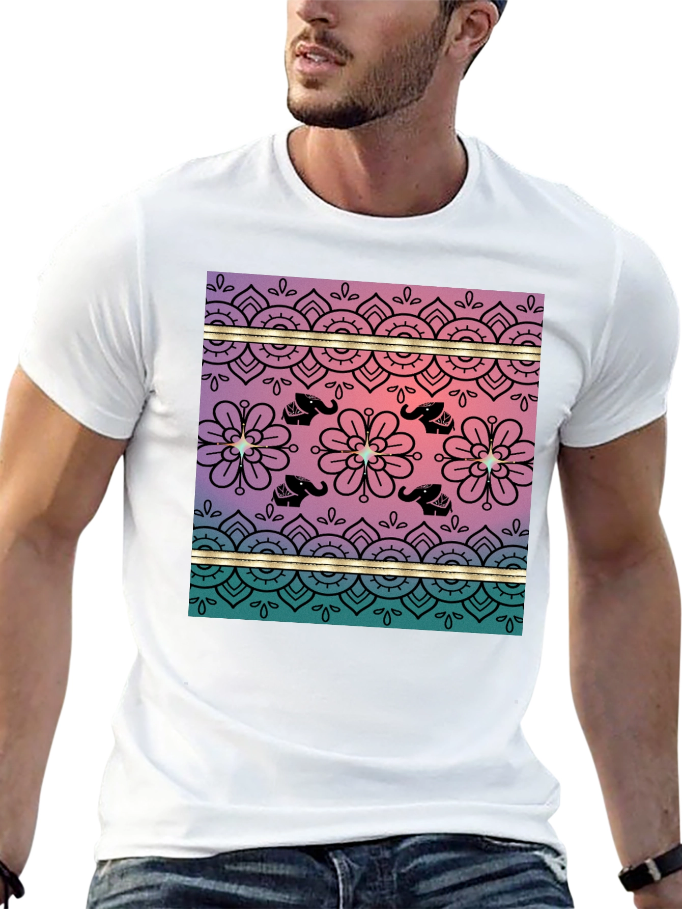 Elephant Mandala Print Tee - Soft Black Cotton Blend