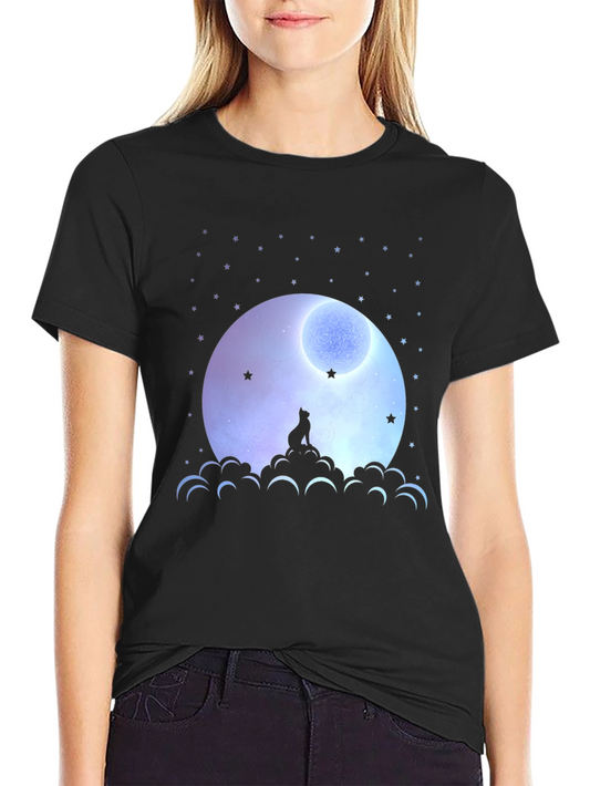 Moon Gazing Cat Graphic Tee - Black Cotton T-Shirt
