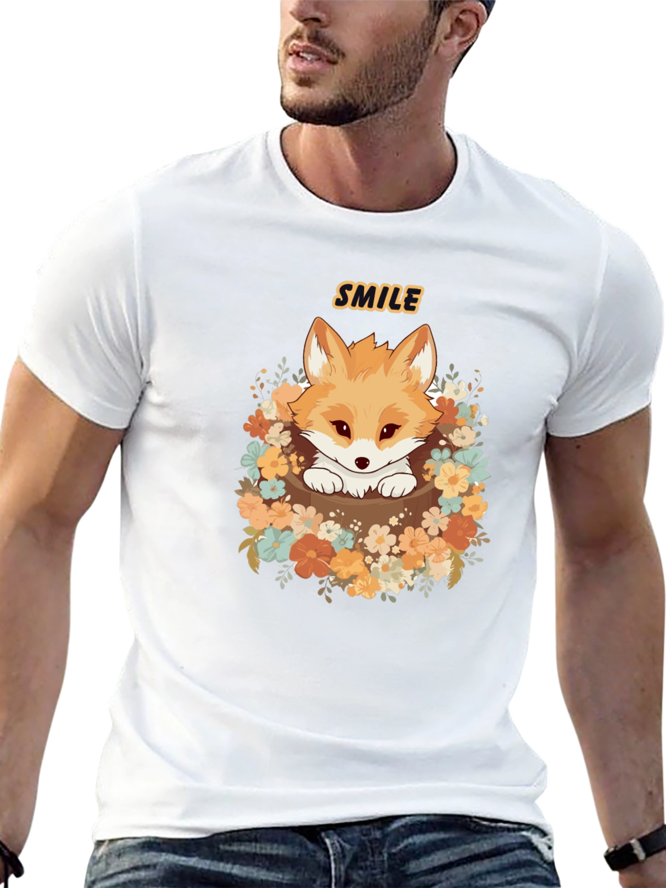 Cute Fox Smile Graphic T-Shirt - Black