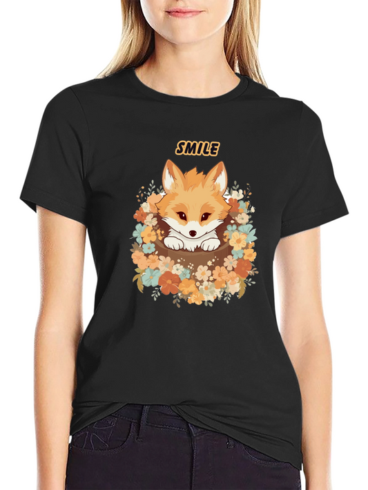 Cute Fox Smile Graphic T-Shirt - Black